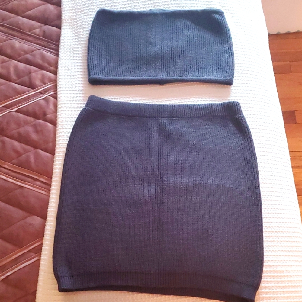 LULUS Elegant Charcoal Grey Knit Skirt And Bandeau Set